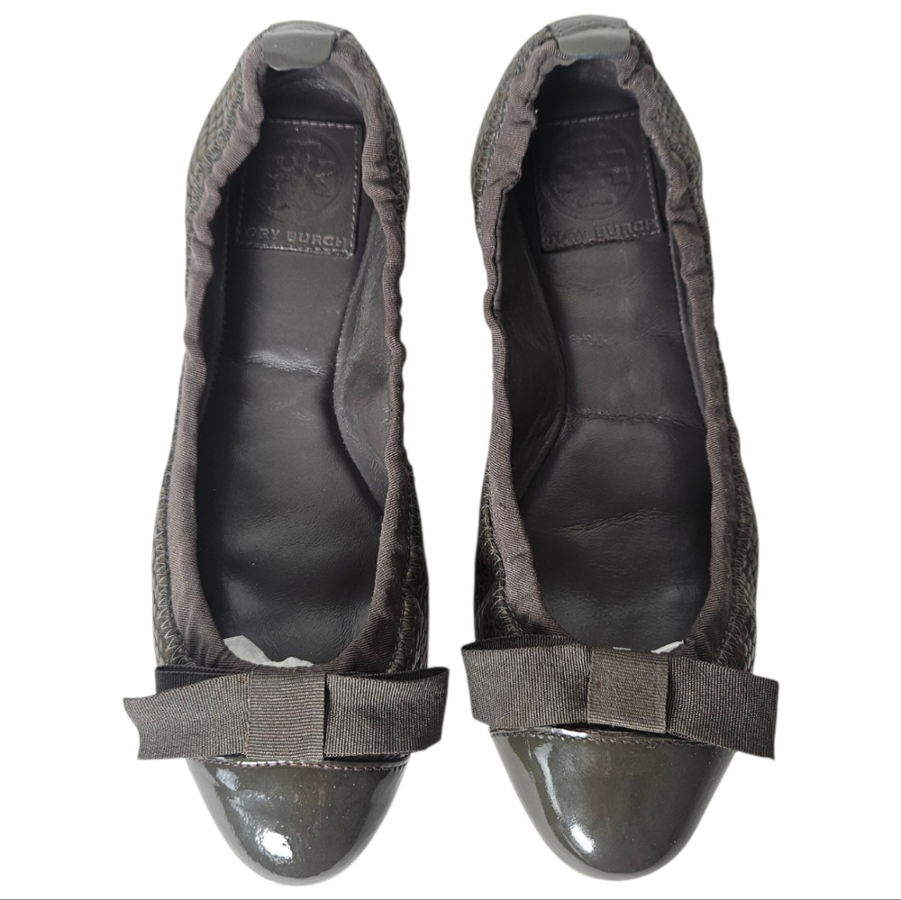 Tory Burch Snake-Effect Cap Toe Leather Ballet Flats Bow Gray 6.5 - Picture 3 of 9